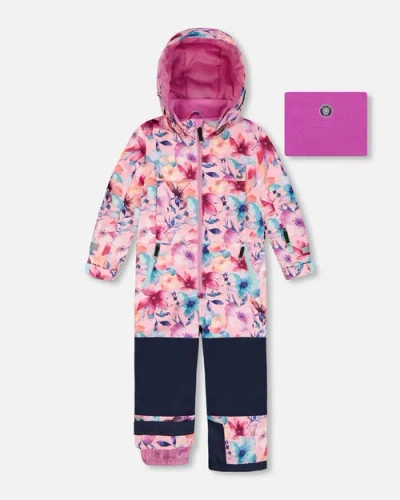 Deux Par Deux Kids'  One-piece Teknik Snowsuit Watercolor Flower In Pink