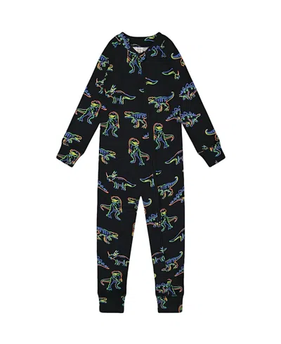 Deux Par Deux One Piece Thermal Underwear Black Printed Neon Dino - Baby In Printed Dinos