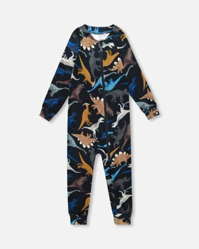 Deux Par Deux Kids'  One-piece Thermal Underwear Dinosaur In Black