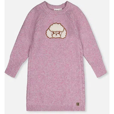 Deux Par Deux Kids'  Openwork Knit Poodle Appliqué Dress In Pink