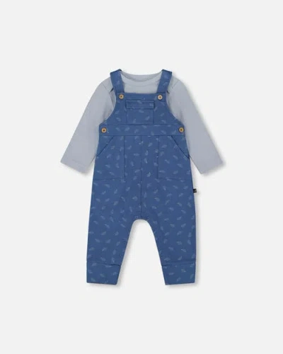 Deux Par Deux Babies'  Organic Cotton Allover And Overalls Set Leaf In Blue