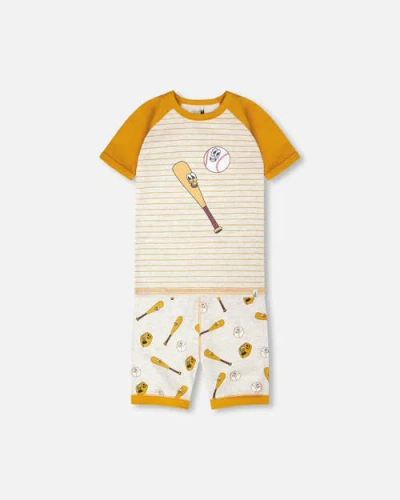 Deux Par Deux Babies'  Organic Cotton Baseball Print Two-piece Pyjama Set In Brown