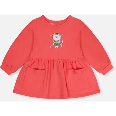 Deux Par Deux Babies'  Organic Cotton Cat Patch Pocket Gathered Tunic In Pink
