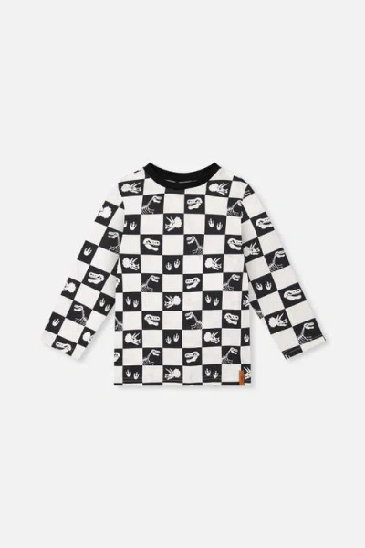 Deux Par Deux Kids'  Organic Cotton Checkerboard Dino Icon Long Sleeve T-shirt In White