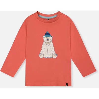 Deux Par Deux Babies'  Organic Cotton Crew Neck Polar Bear Graphic Long Sleeve T-shirt In Orange