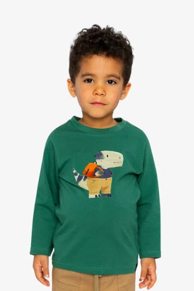 Deux Par Deux Babies'  Organic Cotton Dino Appliqué Crew Neck Long Sleeve T-shirt In Green