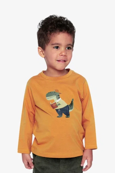 Deux Par Deux Babies'  Organic Cotton Dino Applique Long Sleeve T-shirt In Yellow