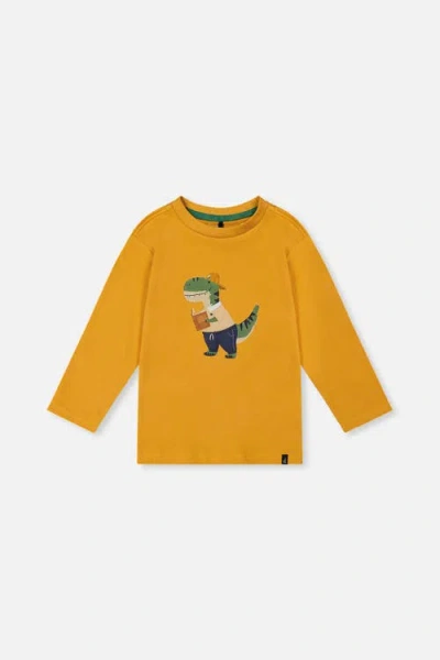 Deux Par Deux Kids'  Organic Cotton Dino Applique Long Sleeve T-shirt In Brown