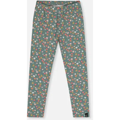 Deux Par Deux Kids' Organic Cotton Leggings Green Floral Print