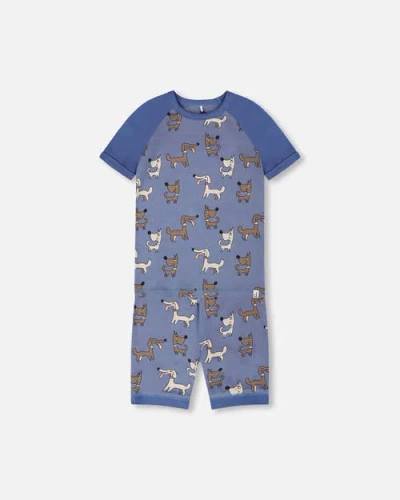 Deux Par Deux Babies'  Organic Cotton Dog Print Two-piece Pyjama Set In Blue