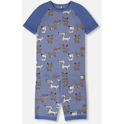 Deux Par Deux Kids'  Organic Cotton Dog Two-piece Pyjama Set In Blue
