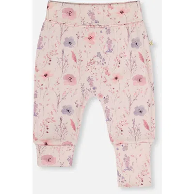 Deux Par Deux Babies'  Organic Cotton Flowers Foldover Waist Ribbed Evolutive Pants In Pink