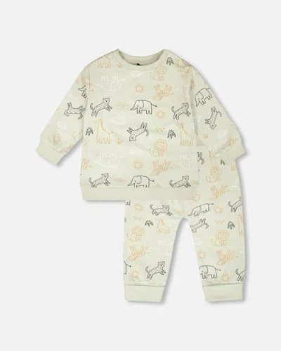 Deux Par Deux Babies'  Organic Cotton Jersey Animal Print Sweater And Pants Set In Green