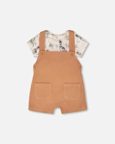 Deux Par Deux Babies'  Organic Cotton Jersey Bodysuit And Cotton Rib Shortall Set In Brown