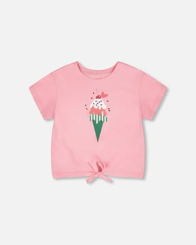 Deux Par Deux Kids'  Organic Cotton Jersey Ice Cream T-shirt With Tie At Waist In Pink
