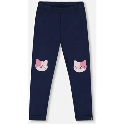 Deux Par Deux Babies'  Organic Cotton Jersey Leggings With Cats In Blue