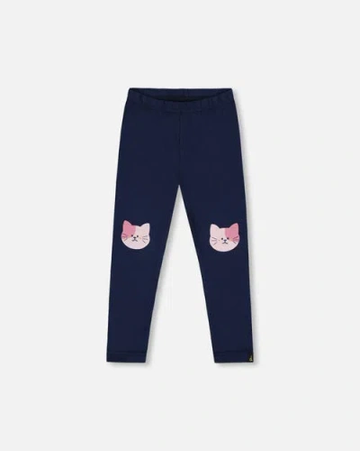 Deux Par Deux Kids'  Organic Cotton Jersey Leggings With Cats In Blue