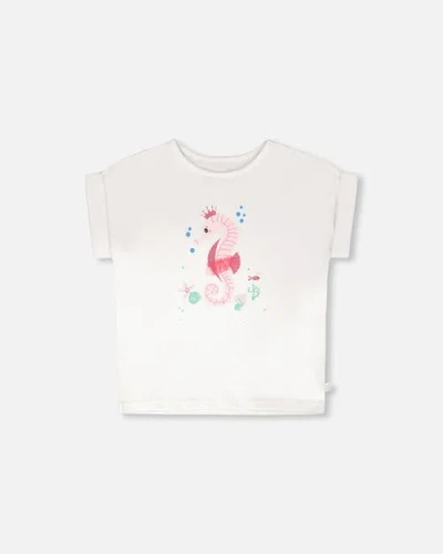 Deux Par Deux Kids'  Organic Cotton Jersey Short Sleeve Seahorse T-shirt In White