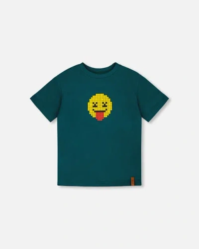 Deux Par Deux Kids'  Organic Cotton Jersey Smiley Face Graphic T-shirt In Green