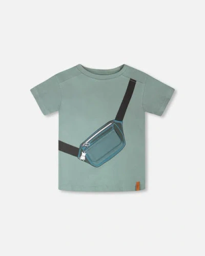 Deux Par Deux Kids'  Organic Cotton Jersey T-shirt With Cross Bag In Green