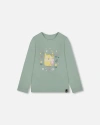 Deux Par Deux Organic Cotton Jersey Top With Owl In Green