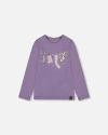 Deux Par Deux Organic Cotton Jersey Top With Owl In Purple