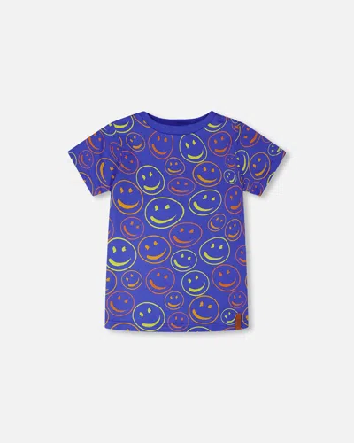 Deux Par Deux Kids'  Organic Cotton Jersey Smiley T-shirt In Blue