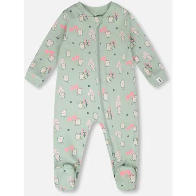 Deux Par Deux Babies'  Organic Cotton Kitten Print One-piece Pyjama In Green