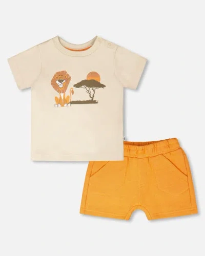 Deux Par Deux Kids'  Organic Cotton Lion And Savanna Short Sleeve T-shirt And Short Set In Multi