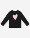 Deux Par Deux Organic Cotton Long Sleeve T-shirt With Heart In Black