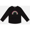 Deux Par Deux Organic Cotton Long Sleeve T-shirt With Sequin Rainbow In Black