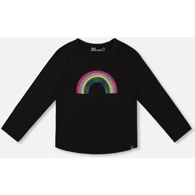 Deux Par Deux Kids'  Organic Cotton Long Sleeve T-shirt With Sequin Rainbow In Black