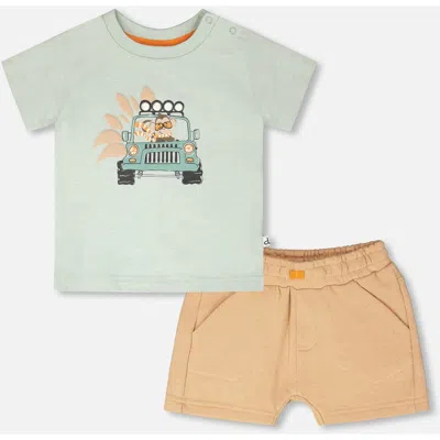 Deux Par Deux Babies'  Organic Cotton Monkey Short Sleeve T-shirt And Short Set In Blue