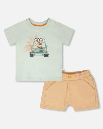 Deux Par Deux Kids'  Organic Cotton Monkey Short Sleeve T-shirt And Short Set In Multi