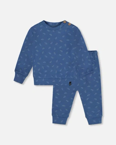 Deux Par Deux Babies'  Organic Cotton Pant And Top Set Leaf In Blue