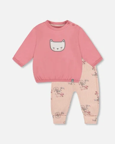 Deux Par Deux Babies'  Organic Cotton Pant With Top Set Cat In Pink