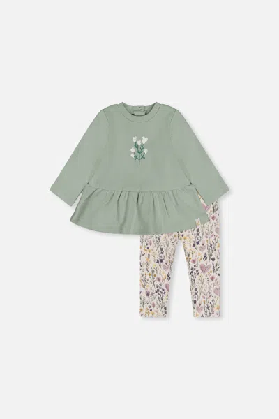 Deux Par Deux Babies' Organic Cotton Peplum Tunic And Legging Set Green And Beige Heart Print