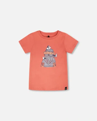 Deux Par Deux Babies'  Organic Cotton Sailor Graphic Short Sleeve T-shirt In Red