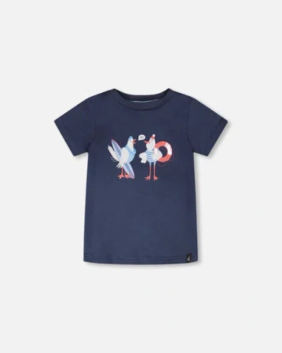 Deux Par Deux Kids'  Organic Cotton Seagull Graphic Short Sleeve T-shirt In Blue