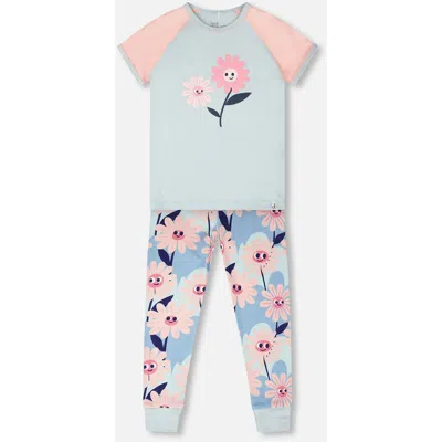 Deux Par Deux Babies'  Organic Cotton Smiling Flower Print Two-piece Pyjama Set In Blue