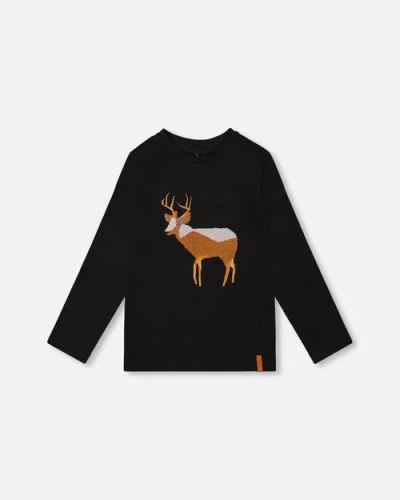 Deux Par Deux Kids'  Organic Cotton T-shirt With Boucle Deer Applique In Black