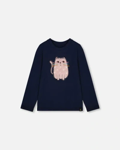 Deux Par Deux Kids'  Organic Cotton T-shirt With Cat In Blue