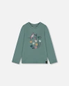 Deux Par Deux Babies'  Organic Cotton T-shirt With Cat In Green