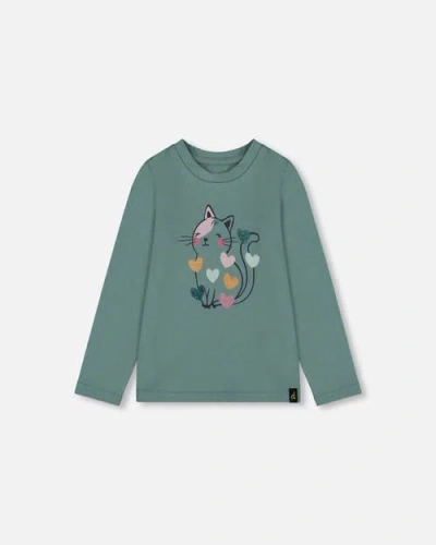 Deux Par Deux Babies'  Organic Cotton T-shirt With Cat In Green
