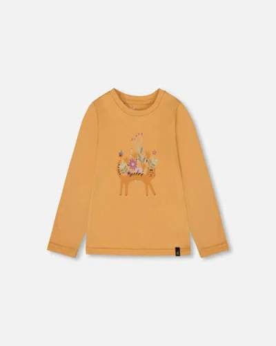 Deux Par Deux Kids'  Organic Cotton T-shirt With Cat In Yellow