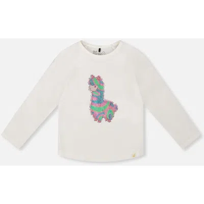Deux Par Deux Kids'  Organic Cotton T-shirt With Llama In White