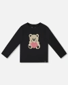 Deux Par Deux Organic Cotton T-shirt With Reversible Sequin Teddy Bear In Black