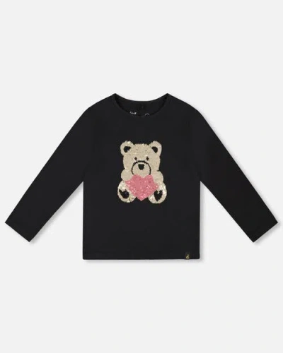 Deux Par Deux Kids'  Organic Cotton T-shirt With Reversible Sequin Teddy Bear In Black