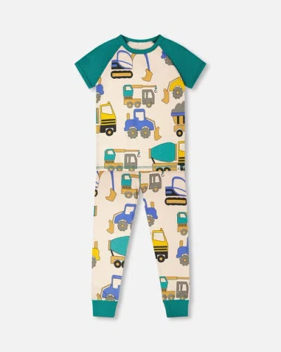 Deux Par Deux Babies'  Organic Cotton Truck Print Two-piece Pyjama Set In Green
