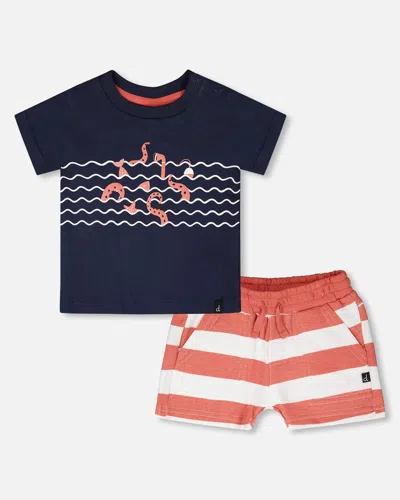 Deux Par Deux Kids' Organic Cotton T-shirt And Short Set Blue And Brick Stripes